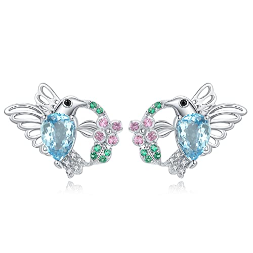 JewelryPalace Infinity Kolibri Vogel Tropfenschliff 2ct Echt Blau Rosa Topas Ohrstecker Silber 925 Damen, Grün Stein Schmuck Set Frauen, Ohrringe Silber Simulierter Smaragd Edelstein Mädchen Geschenke von JewelryPalace