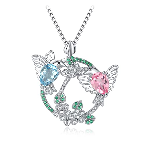 JewelryPalace Infinity Kolibri Vogel Tropfenschliff 3.2ct Echt Natur Blau Rosa Topas Kette Anhänger, Naturstein Schmuck Set, Halskette Damen Silber 925 Collier Mädchen Edelstein Geschenk Frauen 45CM von JewelryPalace