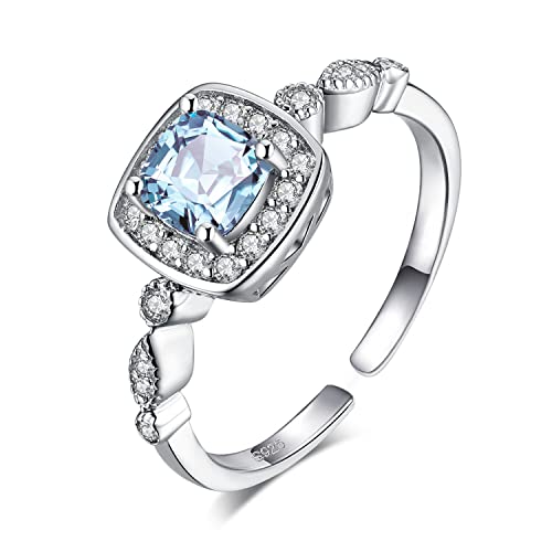 JewelryPalace Kissenschliff 1ct Echt BlauTopas Ring Damen, Blauer Stein Schmuck Set, Verstellbar Topas Blau Halo Ring Silber 925 Damen, Natürlich Edelsteine Ring Silberringe Damen 925 Ringe Frauen von JewelryPalace