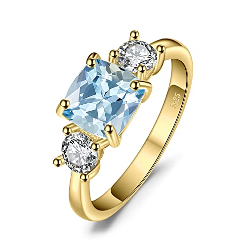 JewelryPalace Kissenschliff 2ct Echt Blau Topas Zirkonia Ring Damen, Drei Stein Schmuck Set, Verlobungsring Silber Ringe 925 für Frauen, Ring Promise Hochzeitstag Schmuck Mädchen Vergoldet 57 von JewelryPalace