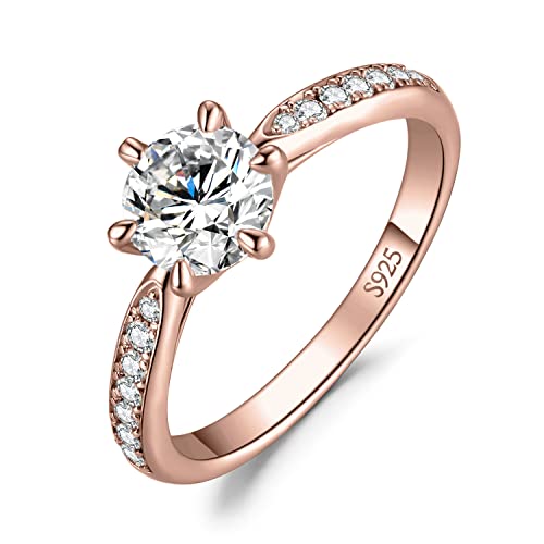 JewelryPalace Klassisch 6.5mm 1ct Rundschliff Moissanite Solitär Promise Ring Damen, Verlobungsring Damenring Ringe Silber 925 mit Stein für Frauen, Simulierte Diamant Jubiläum Eheringe Rosegold 62 von JewelryPalace