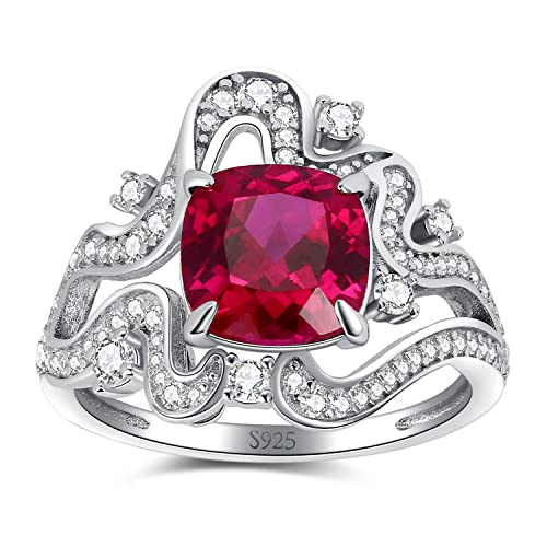 JewelryPalace Klassisch Art Deco Kissenschliff 3.5ct Erstellt Rot Rubin Ring Damen, Welle Cocktail Solitär Ringe Silber 925 mit Stein, Promise Ring Breit, Schmuck für Frauen 54 von JewelryPalace