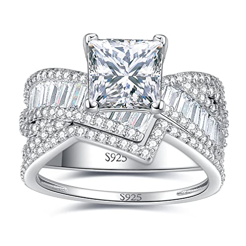 JewelryPalace Klassisch Prinzessschliff 2ct Zirkonia Solitär Bypass Ring Damen, Verlobungsring Silber 925 für Frauen, Hochzeitsring Simulierter Diamant Stapelring Trauring Ehering Band Ringe Set 59 von JewelryPalace