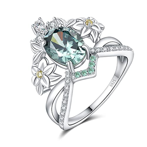 JewelryPalace Krone Blume Ovalschliff 3.4ct Zirkonia Ring Damen, Grün Stein Schmuck Set, Statement Damenring Silber 925 Ring Promise für Frauen Geschenk, Silberringe Garten Schmuck Mädchen 57 von JewelryPalace