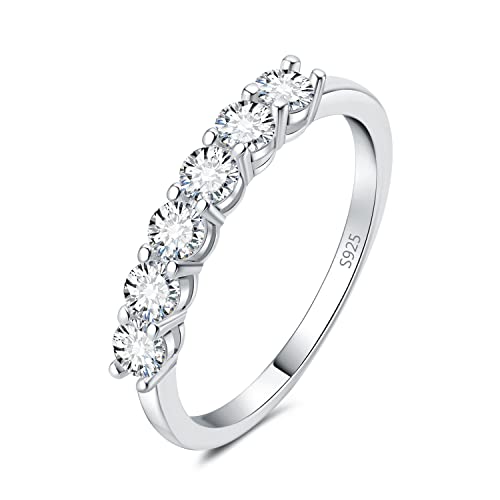 JewelryPalace Modeschmuck Klassisch 6 Stein 1.5mm 0.6ct Zirkonia Band Ring Damen, Hochzeitsringe Damenring Silber 925 Trauringe Eheringe Frauen, Vorsteckring Halb Eternity Ring Bandring Schmal 49 von JewelryPalace