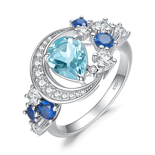 JewelryPalace Mond Stern Tropfenschliff 2.2ct Natur Echt Blautopas Erstellt Saphir Ring Damen,Ring Blau Topas Stein Schmuck Set, Damenring Silber Ringe 925 für Frauen, Schmuck Mädchen Ring Zirkonia 57 von JewelryPalace