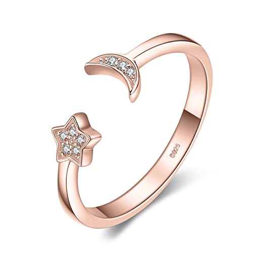 JewelryPalace Mond Sterne Verstellbar Promise Stapelring Eheringe Ring Silber 925 Damen, Zirkonia Silberringe Trauringe Damenring Einstellbare Offene Damen Ringe Set, Damen Schmuck Rosegold von JewelryPalace