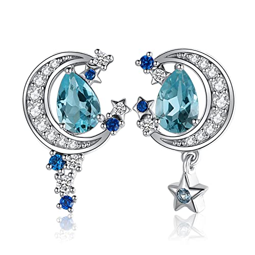 JewelryPalace Mond und Stern Tropfenschliff 2.2ct Echt Blautopas Erstellt Saphir Ohrstecker Silber 925 Damen, Blau Topas Stein Schmuck Set, Ohrringe Silber Edelstein Mädchen, Modeschmuck für Frauen von JewelryPalace