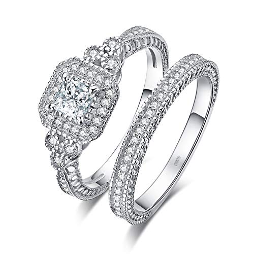 JewelryPalace Prinzessschliff Zirkonia Halo Promise Verlobung Ring Silber 925 Damen, Halb Eternity Jubiläum Hochzeitsring Vorsteckring Trauring Ehering Braut Set Ringe Silber Ring mit Stein Frauen 60 von JewelryPalace