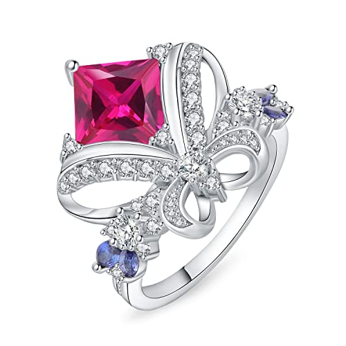 JewelryPalace Prinzessschliff 3.1ct Erstellt Rosa Saphir Ring Damen, Damenring Statement mit Schleife Schmuck Set, Verlobungsring Silber 925 Ring Promise für Frauen, Schmuck Mädchen mit Blau Stein 51 von JewelryPalace