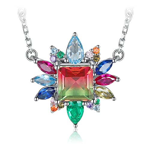 JewelryPalace 3.8ct Simulierter Wassermelone Regenbogen Turmalin Ketten Smaragd Anhänger, Erstellt Rubin Saphir Spinell Schmuck Set, Kette Mädchen 925 Silber Halskette Damen Bunt Collier Frauen 45CM von JewelryPalace