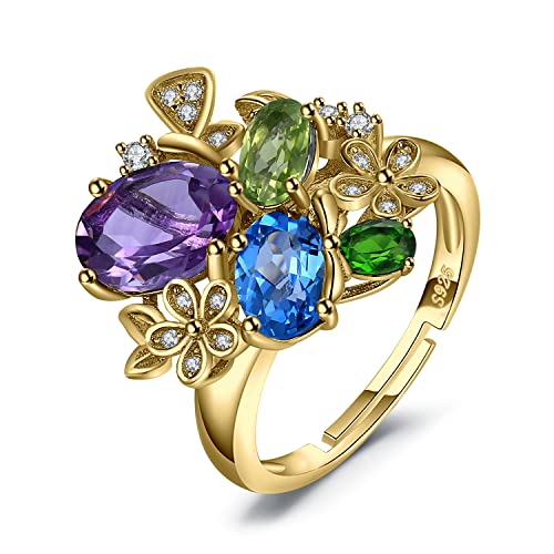 JewelryPalace Ring Blume Echt Edelstein Topas Amethyst Peridot Chromdiopsid, Ring Offen Verstellbarer Ring 925 Silber, Verlobungsring Damen Silberring Damen 925, Cocktail Ring Frauen Schmuck Vergoldet von JewelryPalace