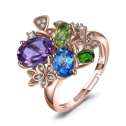 JewelryPalace Ring Blume Echt Edelstein Topas Amethyst Peridot Chromdiopsid, Ring Offen Verstellbarer Ring 925 Silber, Verlobungsring Damen Silberring Damen 925, Cocktail Ring Frauen Schmuck Rosegold von JewelryPalace