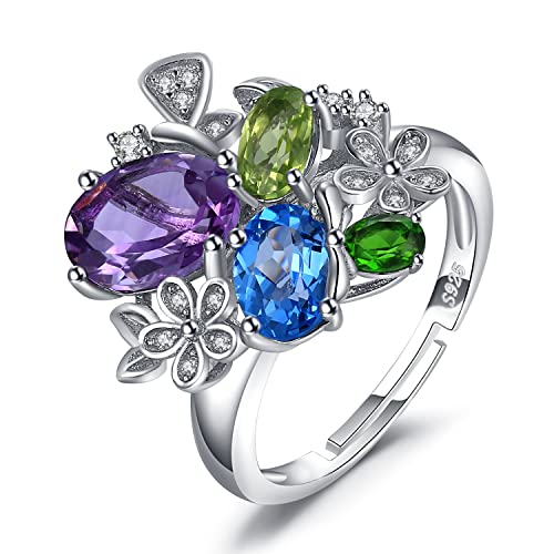 JewelryPalace Ring Blume Echt Edelstein Topas Amethyst Peridot Chromdiopsid, Ring Offen Verstellbarer Ring 925 Silber, Verlobungsring Damen Silberringe Damen 925, Cocktail Ring Frauen Schmuck von JewelryPalace