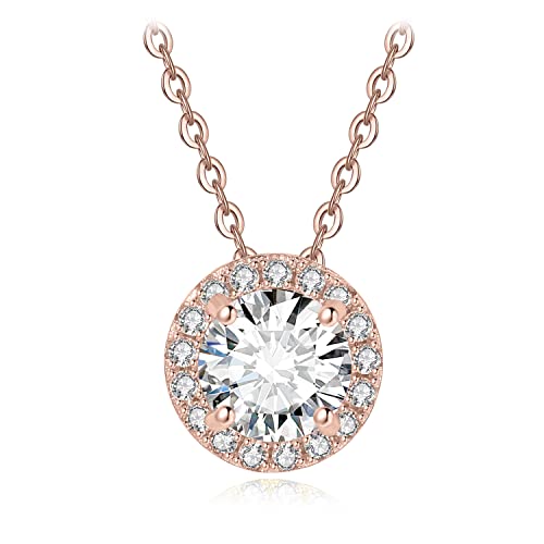 JewelryPalace Rund 1ct Moissanite Halo Kette Anhänger, Braut Simulierter Diamant Schmuck Set, Halskette Damen Silber 925 Collier Damen mit Stein, Schmuck Mädchen Geschenk für Frauen Rosegold 45CM von JewelryPalace