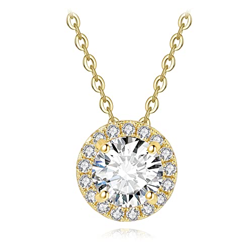 JewelryPalace Rund 1ct Moissanite Halo Kette Anhänger, Braut Simulierter Diamant Schmuck Set, Halskette Damen Silber 925 Collier Damen mit Stein, Schmuck Mädchen Geschenk für Frauen Vergoldet 45CM von JewelryPalace