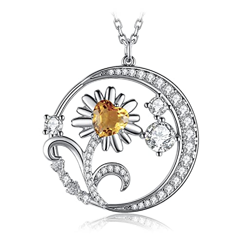 JewelryPalace Sonnenblume Mond Herzschliff Echt Citrin Kette Anhänger, Daisy Gelb Blume Schmuck Set, Garten Halsketten Damen Silber 925 Collier Edelstein Mädchen, Ketten Gänseblümchen für Frauen 45CM von JewelryPalace