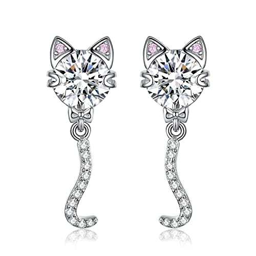 JewelryPalace Süße Katze 4ct Zirkonia Ohrstecker Silber 925 Damen, Rosa Stein Schmuck Set, Katzenschwanz Schaukel Ohrringe Silber Mädchen Schmuck, Modeschmuck Ohrhänger Silber für Frauen Geschenke von JewelryPalace