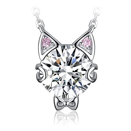 JewelryPalace Süße Katze Rundschliff 3ct Zirkonia Kette Anhänger, Rosa Stein Schmuck Set, Halskette Damen Silber 925 mit Schleife Collier Damen Schmuck Mädchen, 45CM Ketten Geschenke für Frauen von JewelryPalace