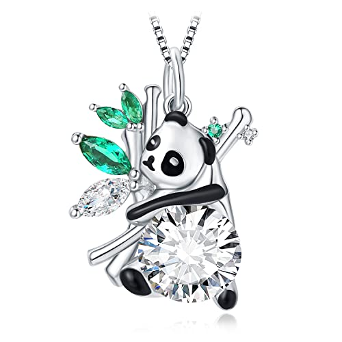 JewelryPalace Süße Panda Bambus Marquise Simulierter Smaragd Kette Anhänger, Grün Stein Schwarz Emaille Schmuck Set, Halsketten Damen Silber 925 Collier Damen, Schmuck Mädchen Geschenk für Frauen 45CM von JewelryPalace