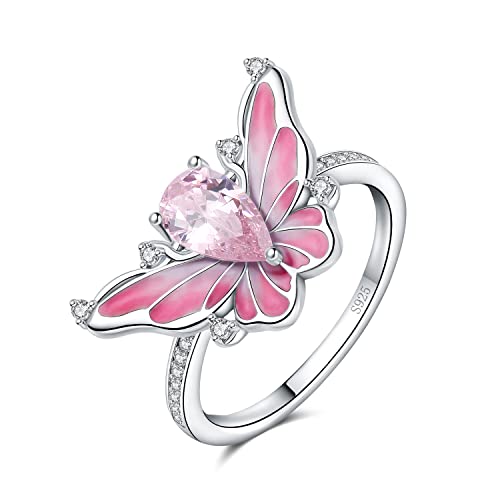 JewelryPalace Süße Schmetterling Flügel Tropfenschliff 1.4ct Rosa Zirkonia Ring Damen, Pinker Stein Emaille Schmuck Set, Farbwechsel Damenring Silber Ringe 925, Schmuck Mädchen Geschenk für Frauen 57 von JewelryPalace