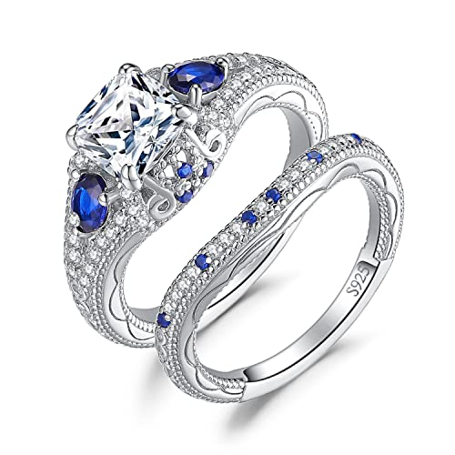 JewelryPalace Vintage 1.5ct Kissenschliff Zirconia Erstellt Blau Saphir Ring Damen,Verlobungsring Silber 925 Unendlichkeit Herz mit Stein,Hochzeitsring Trauring Ehering Promise Band Ring Set Frauen 51 von JewelryPalace