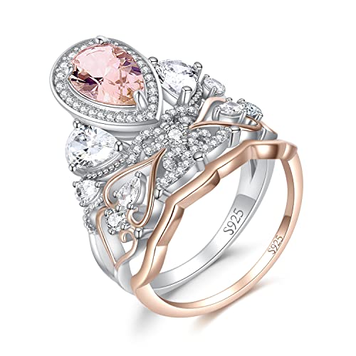 JewelryPalace Vintage Herz Liebe 2.5ct Erstellt Rosa Morganit Saphir Solitär Promise Ring Damen, Verlobungsring Silber 925 Rosegold,Krone Hochzeitsring Vorsteckring Trauring Ehering Band Set Frauen 54 von JewelryPalace