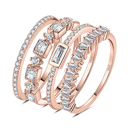 JewelryPalace Vintage Prinzessschliff Zirkonia Band Ring Damen, Hochzeitsringe Silber 925 Trauringe Eheringe für Frauen, Vorsteckring Stapelring Eternity Ring Schmal, Ringe Set Schmuck Rosegold 53 von JewelryPalace