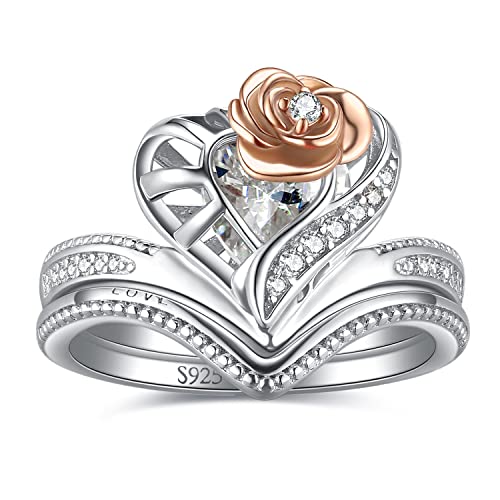 JewelryPalace Vintage Rose Cage Liebe Herz 2ct Zirkonia Solitär Promise Ring Damen, Verlobungsring Silber 925 Rosegold Frauen,Simulierter Diamant Blume Hochzeitsringe Trauring Ehering Ring Band Set 51 von JewelryPalace