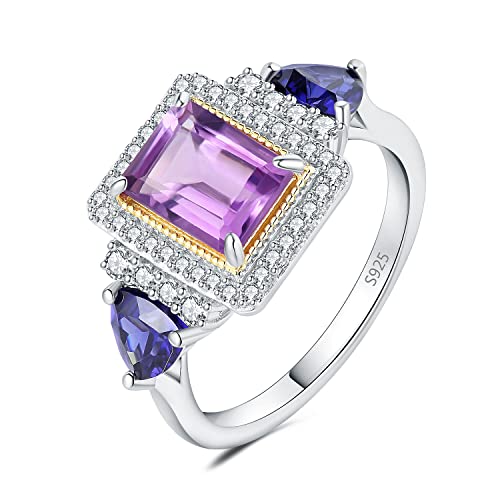 JewelryPalace Vintage Smaragdschliff 1.2ct Echt Lila Amethyst Halo Ring Damen, Blau Erstellt Saphir Schmuck Set, Statement Damenring Silber 925 für Frauen, Silberring Schmuck Mädchen mit Naturstein 51 von JewelryPalace