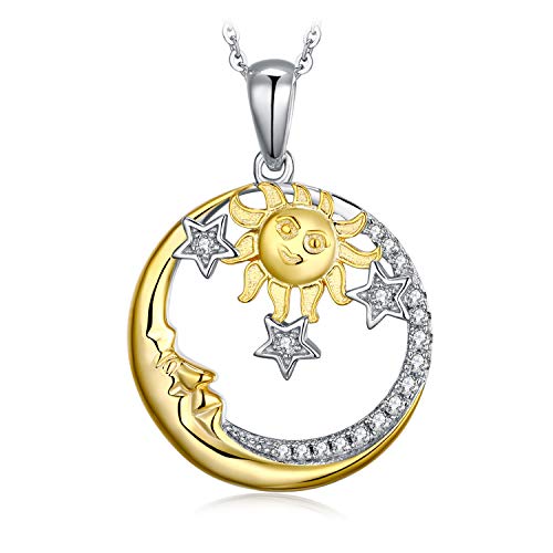 JewelryPalace Vintage Sonne Mond Stern Gelb Gold Kette Anhänger, Halsketten Damen Silber 925 Collier Damen mit Rundem Anhänger Vergoldet, Himmelskörper Schmuck Mädchen Geschenk für Frauen 45CM von JewelryPalace