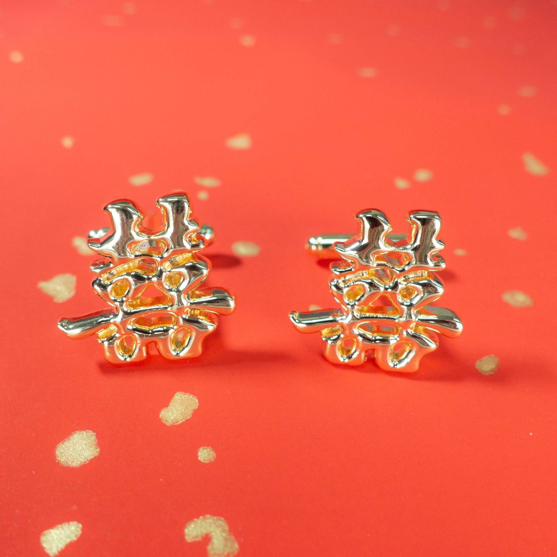Chinesisch, Doppel Glück, Vergoldete Runde Manschettenknöpfe, Emaille Hochzeitsgeschenk, Für Meinen Bräutigam, Geschenk Für Die Trauzeugen von JewelryW