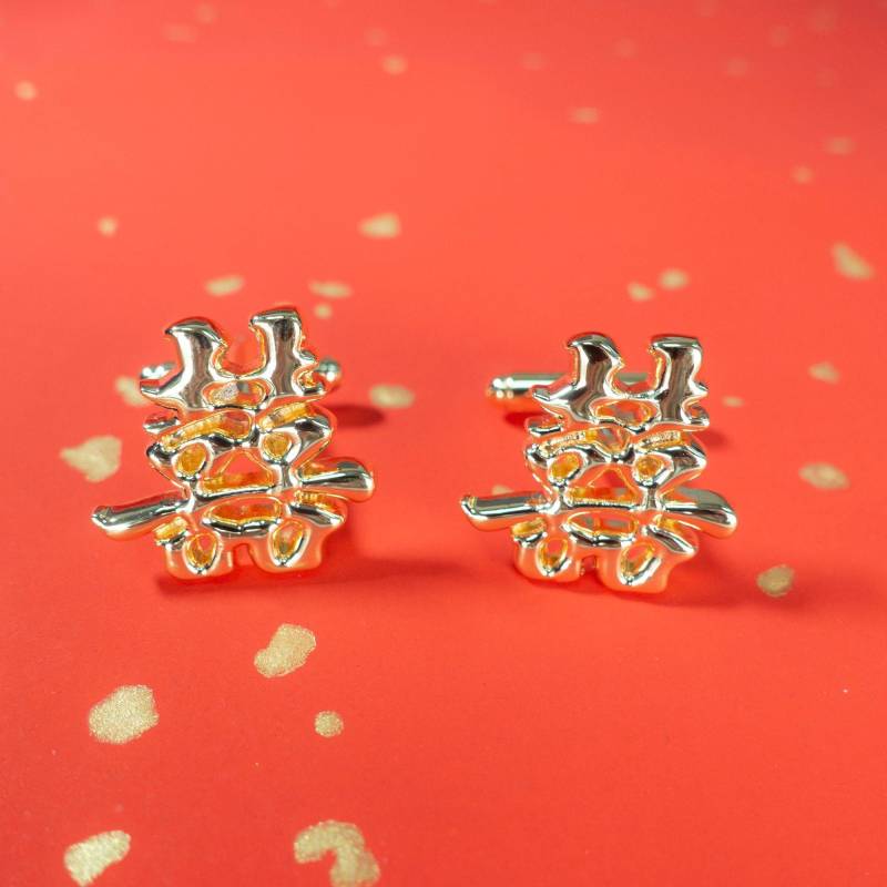 Chinesisch, Doppel Glück, Vergoldete Runde Manschettenknöpfe, Emaille Hochzeitsgeschenk, Für Meinen Bräutigam, Geschenk Für Die Trauzeugen von JewelryW