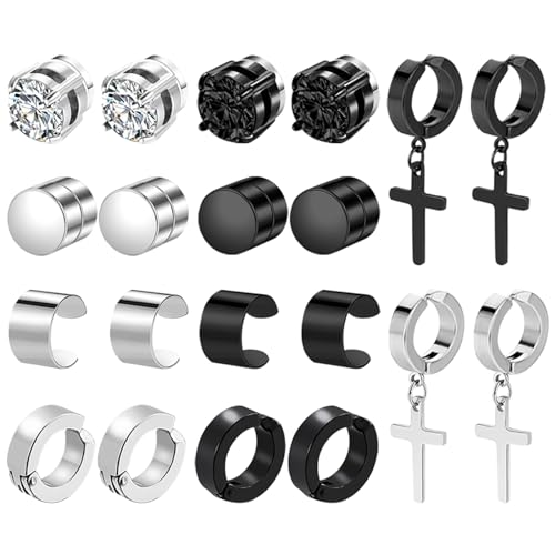 JewelryWe 10 Paar Magnet Ohrringe Set: Herren Damen Edelstahl Zirkonia Magnetische Ohrstecker Non-Piercing Fake Plug Tunnel Ohrclips Creolen Huggie Ohrringe mit Kreuz Anhänger Schwarz Silber von JewelryWe