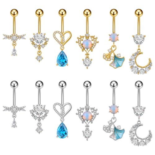 JewelryWe 12 Stück Bauchnabelpiercing Barbell Set: 14G Edelstahl Bauchpiercing mit Zirkonia Mond Herz Prunkwinde Blume Libelle Wassertropfen Bauchnabel Piercing Hängende Bauchnabelringe Schmuck Damen von JewelryWe