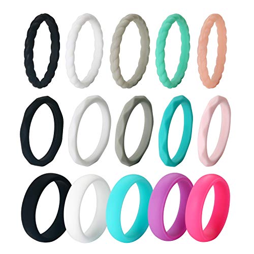 JewelryWe 15pcs Silikon Ringe für Frauen: 3mm Damen Stapelbare Silikonringe Gummi Hochzeit Bands Gummibänder Stapelringe Eheringe Verlobungsringe für Sport und Outdoor, 15 Stück Set, Größe 47 von JewelryWe