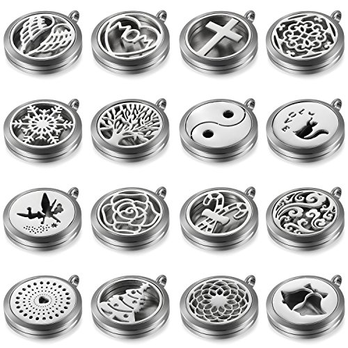 JewelryWe 16PCS Set Damen Halskette, verschiedene Design Edelstahl Aromatherapie Ätherische Öle Diffusor öffenbar Floating Medaillon Locket Anhänger mit 6 Bunt Filzkreisen und 45cm Kette, Silber von JewelryWe