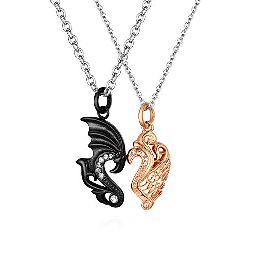 JewelryWe 2 Freundschaftsketten, Edelstahl Engel Flügel Engelsflügel Herz Puzzle Partner-Anhänger mit Kette, Pärchen Halsketten für Herren Damen, Valentinstag Paare Geschenk, Rosegold Schwarz von JewelryWe