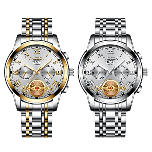 JewelryWe 2 PCS Herrenuhr Edelstahl Quarz Analog Armbanduhr 30M Wasserdicht Römische Ziffern Zifferblatt Uhr mit Woche Datum Kalender und Leuchtend Zeiger Vatertagsgeschenk, Gold Silber von JewelryWe