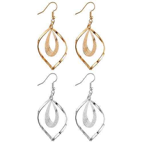 JewelryWe 2 Paar Damen Ohrringe Set, Twisted Rhombus Tropfenohrringe baumelnde Statement Ohrringe Ohrhänger für Frau Mädchen, Silber Gold von JewelryWe