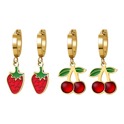 JewelryWe 2 Paar Erdbeer Kirsch Ohrringe: Gold Edelstahl Süße Obst Creolen Huggie Ohrstecker mit Erdbeere & Kirsche Anhänger Hypoallergene Ohr Schmuck Set Geschenk für Mädchen Kinder von JewelryWe