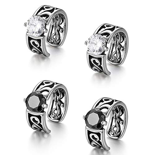 JewelryWe 2 Paar Herren Non-Piercing Ohrklemme Ohrclips, Retro Blumen Muster Edelstahl Zirkonia Fake Piercing Ohrringe Ohrstecker Ohr Klammern Ohne Loch, Schwarz Weiß Silber von JewelryWe