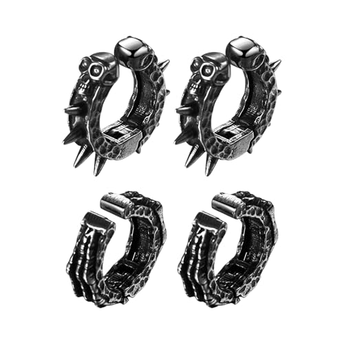 JewelryWe 2 Paar Totenkopf Ohrclips Herren: Edelstahl Spikes Schädel Skelett Hand Non-Piercing Creolen Huggie Ohrringe Gothic Knorpel Ohrklemme Ohrmanschette Ohne Loch für Halloween Männer von JewelryWe