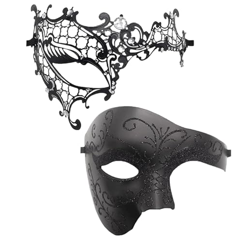 JewelryWe 2 Stück Maskerade Maske Paar: Venezianische Phantom der Oper Halbmaske Schwarz Metallmaske Halbgesichtsmaske Kostüm Masken Set für Damen Herren Halloween Cosplay Karneval Party von JewelryWe