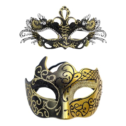 JewelryWe 2 Stück Venezianische Maske Paar: Gold Maskerade Maske Metallmaske mit Strass Augenmaske Kostüm Masken Set für Damen Herren Halloween Karneval Party Abschlussball von JewelryWe