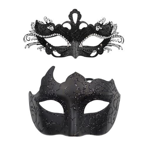 JewelryWe 2 Stück Venezianische Maske Paar: Schwarz Maskerade Maske Metallmaske mit Strass Augenmaske Kostüm Masken Set für Damen Herren Halloween Karneval Party Abschlussball von JewelryWe