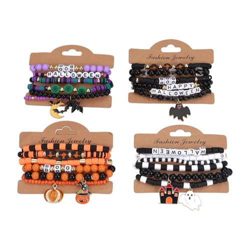 JewelryWe 24 Stück Halloween Armbänder für Damen: Mehrfarbig Elastische Stapelbare Freundschaftsarmbänder Set Perlenketten Armkette Armreif Schmuck Geschenk für Frau Mädchen von JewelryWe