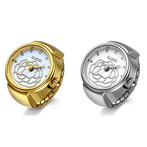 JewelryWe 2PCS Damen Ringuhr Fingeruhr Analog Blumen Quarzuhr Elastisch Ring Band Uhr Uhrenring Geschenk für Mädchen Silber Gold von JewelryWe