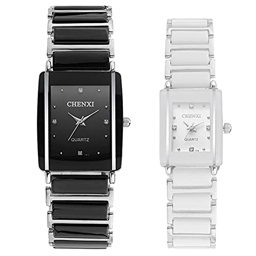 JewelryWe 2PCS Herren Damen Paar Armbanduhr Quarz Analog Rechteckig Ceramic Keramik Band Partner Freundschafts Uhr mit Strass Schwarz Weiß Geschenk Valentinstag von JewelryWe