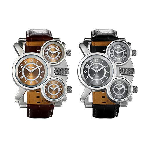 JewelryWe 2PCS Herren Einzigartig Übergroße Armbanduhr DREI Zeitzone Analog Quarz Uhr Sportuhr mit Leder Armband, Schwarz Braun von JewelryWe